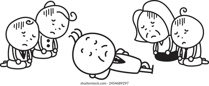 Illustration of a sad family in front of a lying man