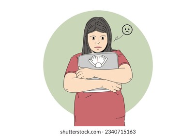 illustration of a sad fat girl with measuring scales after seeing her weight gain