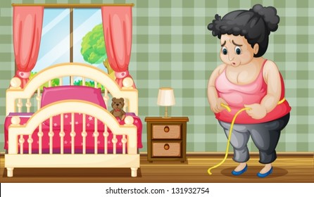Illustration of a sad fat lady inside her bedroom