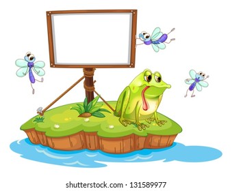 Illustration of a sad frog and a white blank board on a white background