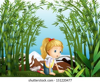 Illustration of a sad girl at the bamboo forest