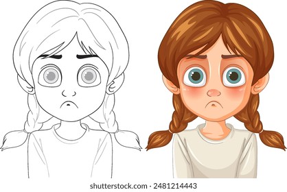 Illustration of a sad girl with braids