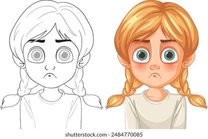 Illustration of a sad girl with braids