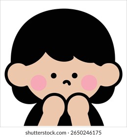 Ilustração de uma menina triste com as mãos em suas bochechas, rubor rosa e penteado bob