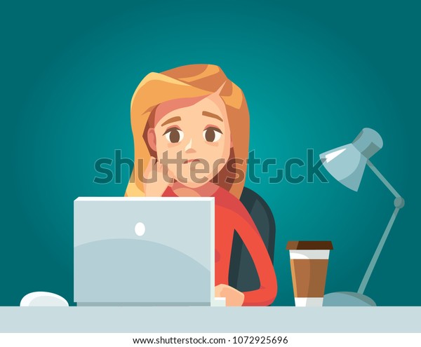 Illustration Sad Girl Laptop Stock Vector (Royalty Free) 1072925696