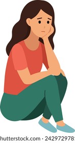 Illustration of a Sad Girl Sitting on the Floor with Her Hand on Her Chin