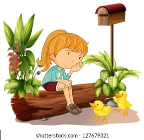 Illustration sad girl   the two ducklings white background