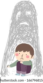 Illustration of a Sad Kid Boy Holding a Pencil and Drawing a Disturbing Shadow Doodle or Scribble