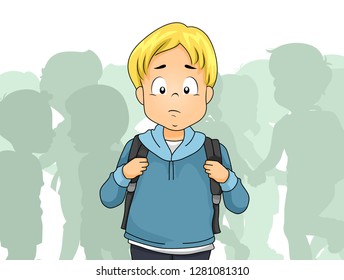 Illustration of a Sad Kid Boy Looking Down and Being an Outcast with Silhouettes of Other Children on His Back