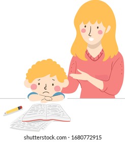 Illustration Of A Sad Kid Boy Looking At His Homework With Mother Beside Him And An Open Book, Papers And Pencil On Table