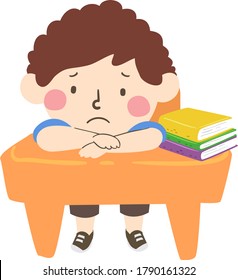 Illustration of a Sad Kid Boy Student Sitting on His Desk with Books