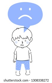 Illustration of a Sad Kid Boy Wearing Pajama and with a Blue Speech Bubble with a Sad Face
