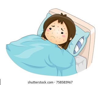 Illustration of a Sad Kid Girl In Bed with Chicken Pox