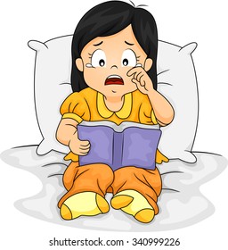 Illustration of a Sad Little Asian Girl Crying Over the Story She is Reading