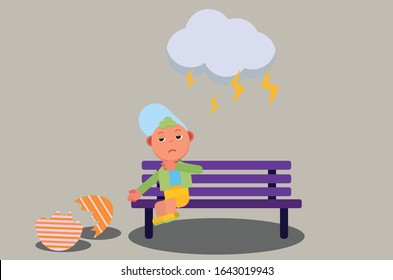 An illustration of a sad little boy because of a broken egg while sitting on the wooden chair. A vector of gloomy character, this illustration can use as a sticker also. 