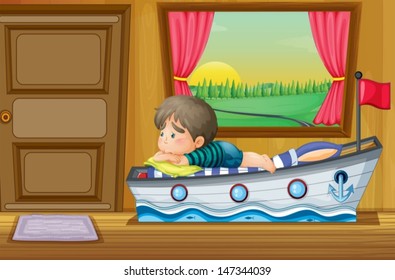Illustration of a sad little boy inside the house