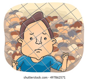 Illustration of a Sad Male Refugee Holding on to a Chain Link Fence While Looking Afar