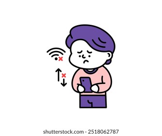 ilustração de um homem triste porque ele não pode acessar a internet. rede wifi ou rede internet não pode ser usado. erro de internet. problemas de tecnologia. design de personagem bonito. elementos