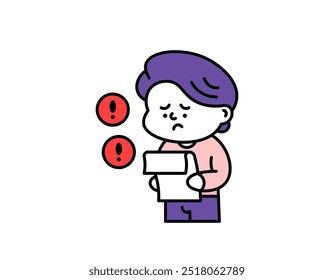 illustration of a sad man because he got a warning letter. get a letter of reprimand from the boss. problems, violations and complaints. cute character design. elements