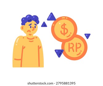 Illustration of a sad man due to the declining value of the rupiah. The rupiah is weakening against the dollar. Exchange rates. Financial and economic data. character, gesture, and expression. Flat style