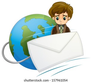 Illustration of a sad man in the middle of the envelope and the globe on a white background