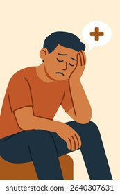 Illustration of a sad man sitting with his head in his hand, showing signs of emotional or mental distress. A medical symbol in the thought bubble suggests the need for mental health support or care.