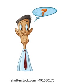 illustration of sad man and thought bubble with question mark
