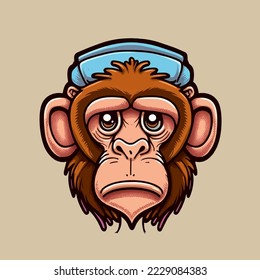 Illustration of Sad Monkey Head Face  for mascot and logo. Geek  Chimpanzee Icon Badge Poster