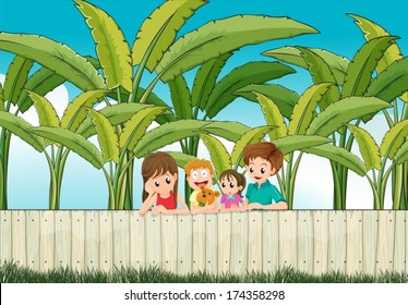 Illustration of a sad mother with her family at the fence