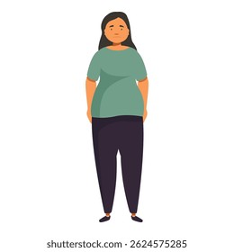 Illustration of a sad overweight woman standing with hands in pockets, promoting body positivity and self acceptance