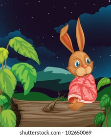 Illustration of a sad rabbit on a log