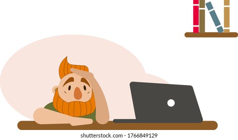An illustration of a sad red bearded hipster freelancer. Work from home. 