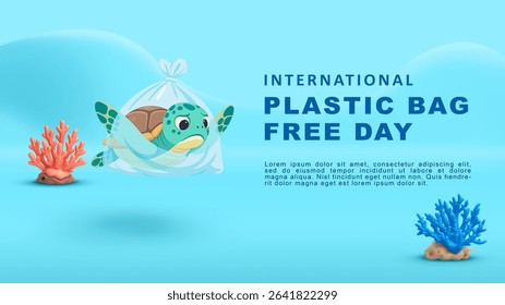 Illustration of a sad sea turtle trapped inside a plastic bag underwater. Concept art to raise awareness for International Plastic Bag Free Day on July 3. Save ocean life from plastic pollution.
