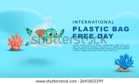 Illustration of a sad sea turtle trapped inside a plastic bag underwater. Concept art to raise awareness for International Plastic Bag Free Day on July 3. Save ocean life from plastic pollution.
