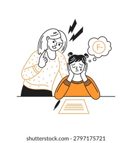 Illustration of sad student with negative grade thinking of an F minus while teacher scolds her. Simple black outline with orange accents in educational setting.