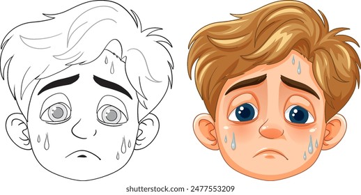 Illustration of a sad, sweating boy's face