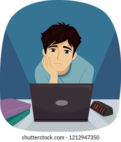 Illustration of a Sad Teenage Guy Staring at His Laptop with Books and Clock Beside Him Anticipating a Long Night of Study