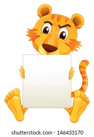 Illustration of a sad tiger sitting holding an empty cardboard on a white background 