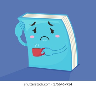 Illustration of a Sad and Tired Book Mascot Holding a Cup of Coffee