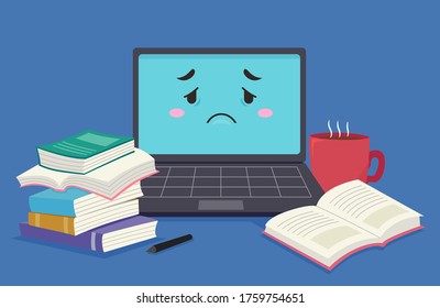 Illustration of a Sad and Tired Laptop Mascot with Stack of Books and Cup of Coffee