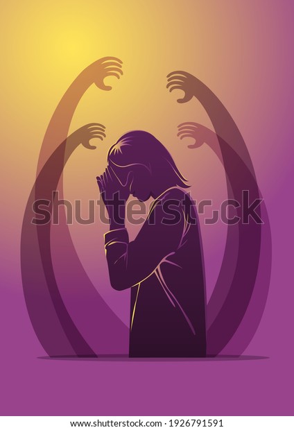 An illustration of sad unhappy young woman\
surrounded by hands with\
guilt