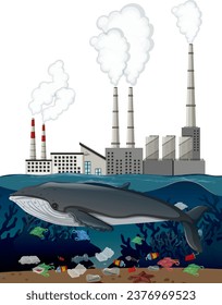 Illustration of a sad whale above a polluted sea filled with trash