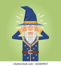 Illustration of a sad wizard crying. Emoticon, emoji, facial expression. Fantasy magician, warlock, sorcerer. Flat style vector illustration