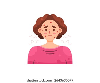 illustration of a sad woman with acne. health problem or skin disease. girl with red spots on her face. allergy or acne. red bumps. facial expression. flat style character design