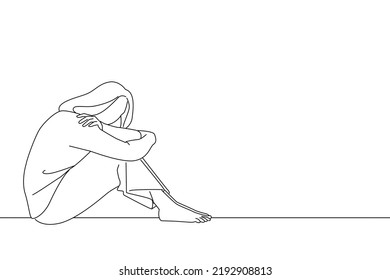 Illustration Of Sad Woman With Depression Sitting Alone On The Floor Major Depressive Disorder. Outline Drawing Style Art
