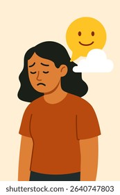Illustration of a sad woman with a forced happy emoji above her head, symbolizing toxic positivity and emotional suppression.