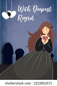 Illustration of sad woman in graveyard