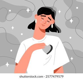 Illustration of a sad woman holding a broken heart, teary-eyed. Minimalist style, gray abstract background. Concept of heartbreak, sadness, and emotions. Vector illustration