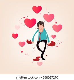 Illustration of a sad young man holding broken heart in his hands for Valentine's Day concept.