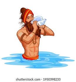 ilustración de Sadhu saint of India para el gran festival y texto en hindi Kumbh Mela